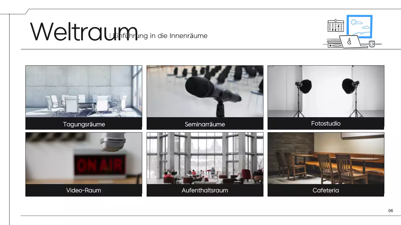 Ein einfacher schwarz-blauer Vorschlag für einen Coworking Space