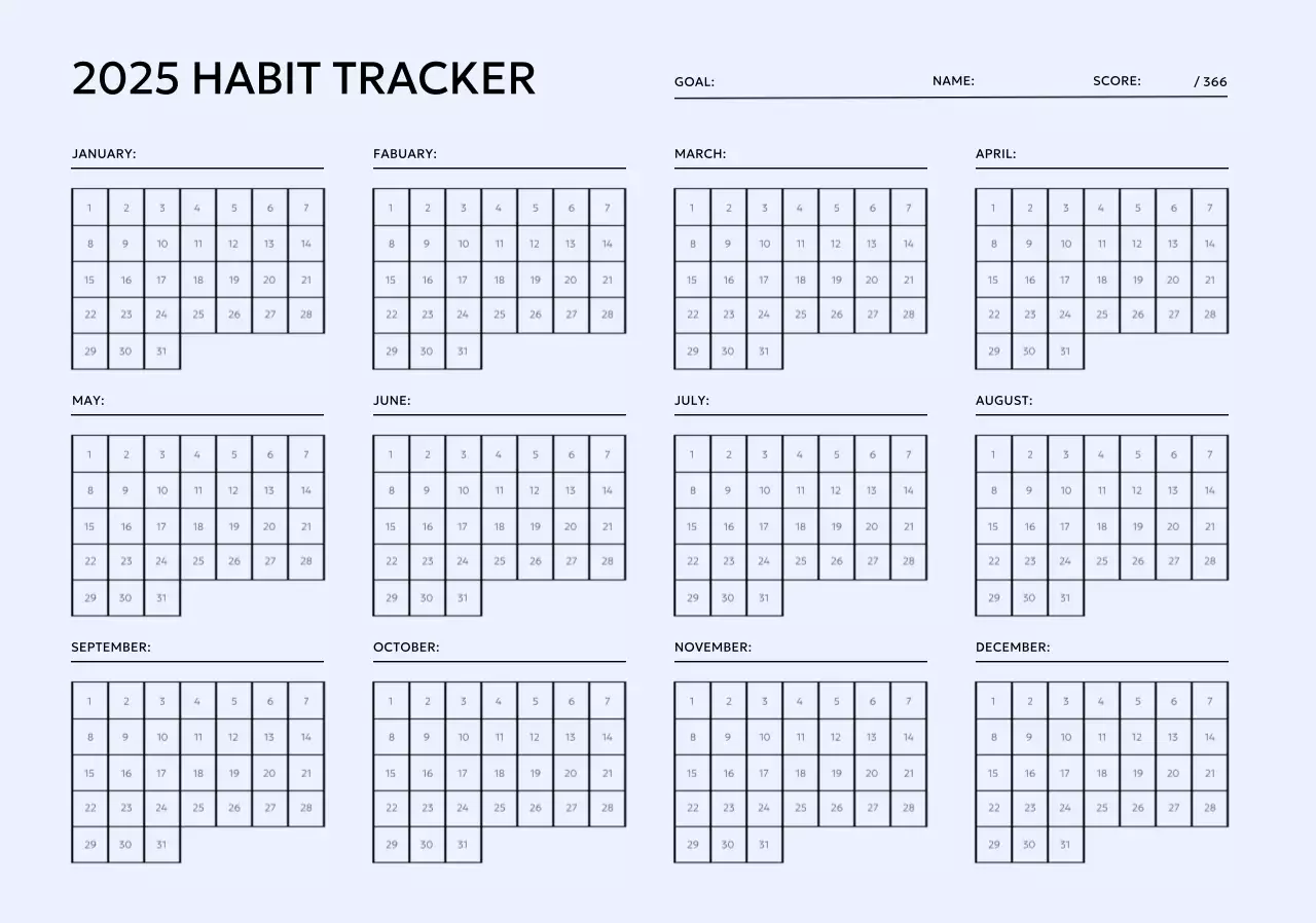 Minimalist goal tracker calendar with a pastel purple background