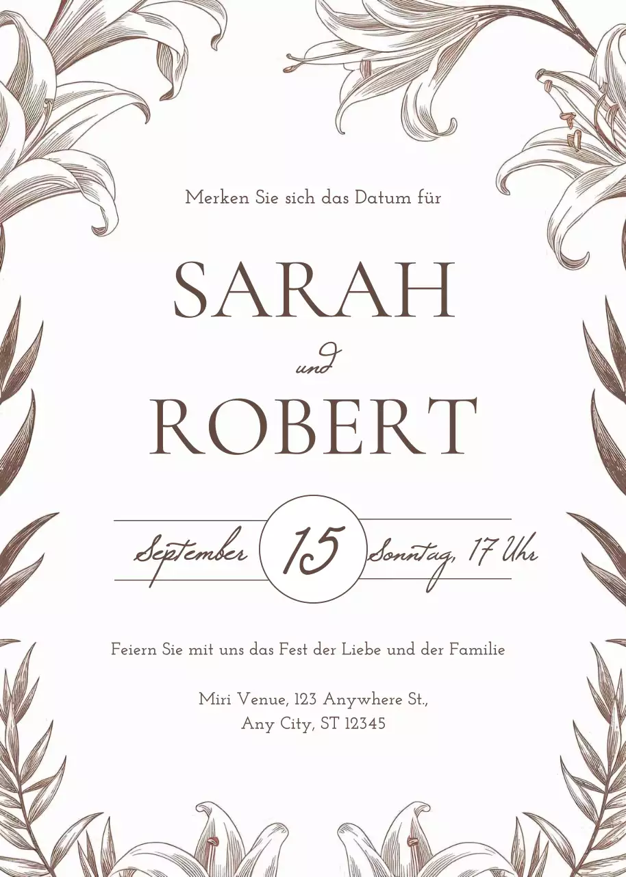 Braune florale Hochzeitseinladung im eleganten Stil