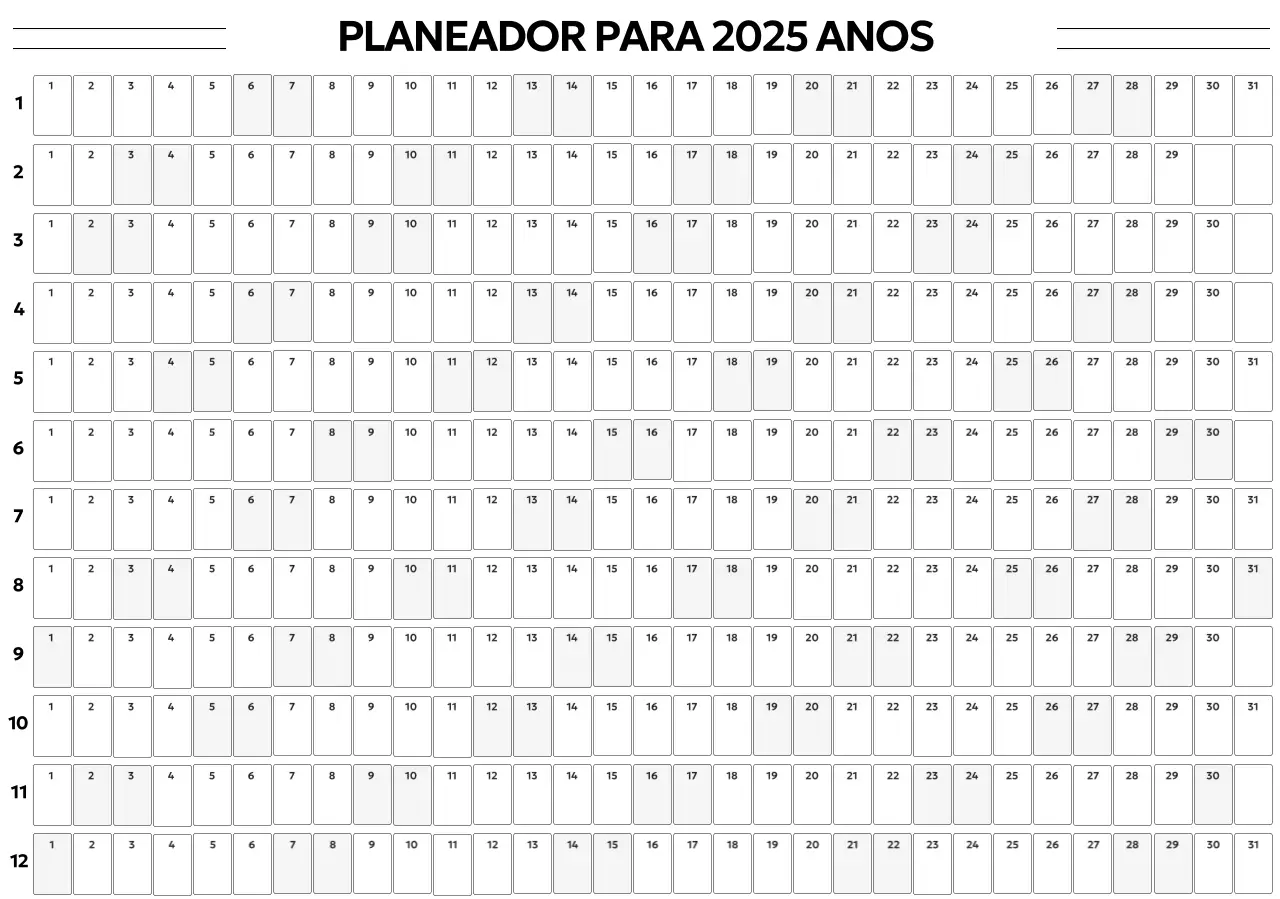 Um calendário anual simples num tipo de letra gótico com quadrados arredondados