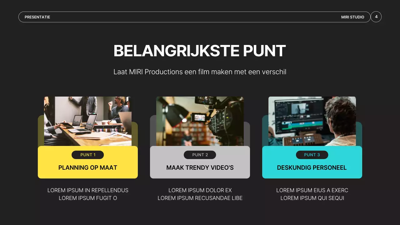 Een eenvoudige prospectus voor een videoproductiebedrijf in zwart en neonkleuren