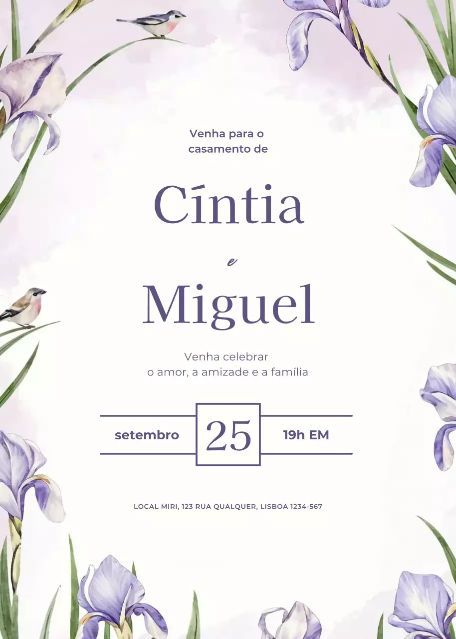 Convite de casamento roxo estilo elegante
