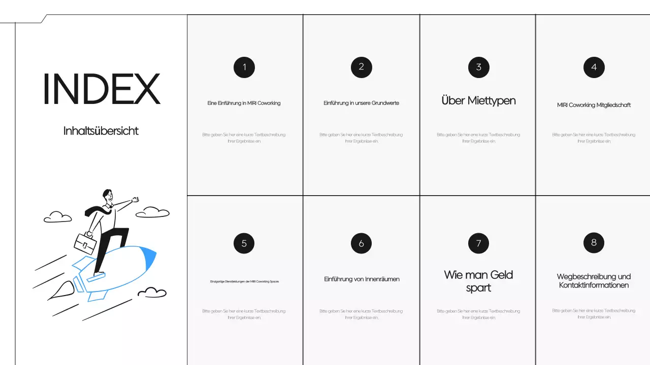 Ein einfacher schwarz-blauer Vorschlag für einen Coworking Space