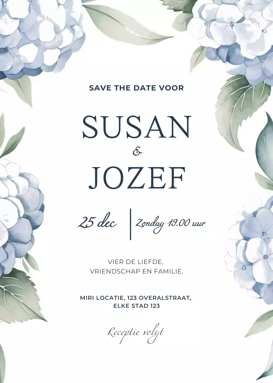 Blauwe huwelijksuitnodiging elegante stijl