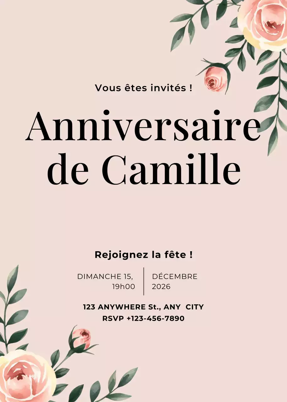 Invitation d'anniversaire beige vert floral