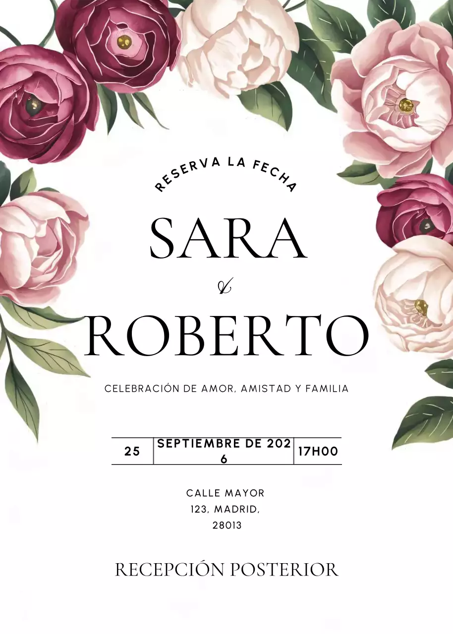 Invitación de boda floral rosa rojo verde estilo elegante