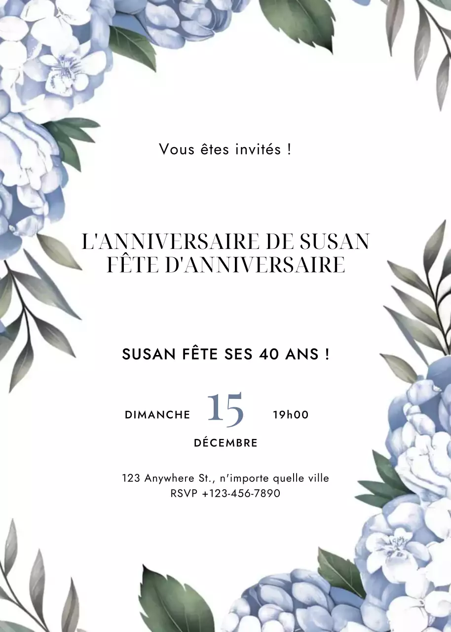 Invitation d'anniversaire fleurie bleu vert style élégant