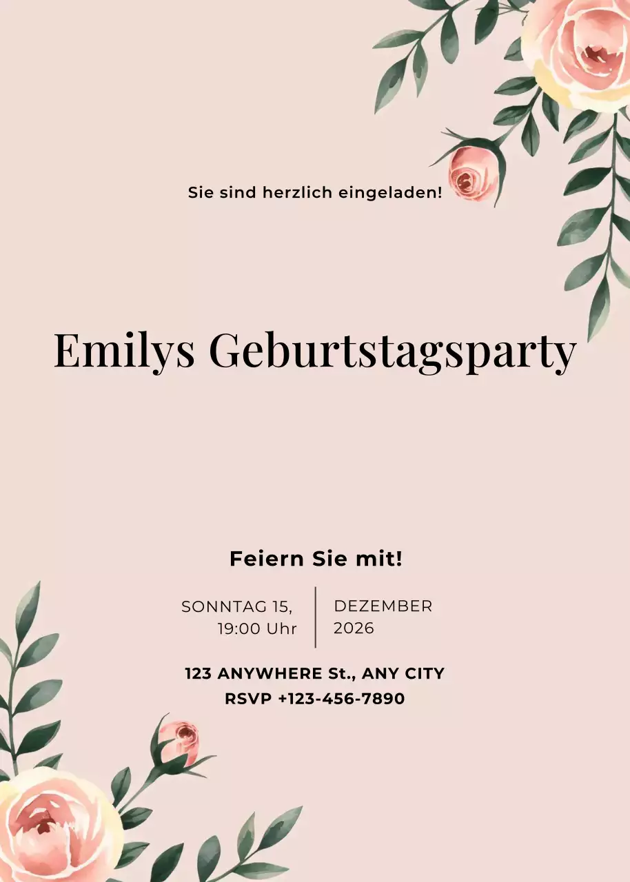 Beige grün geblümte Geburtstagseinladung