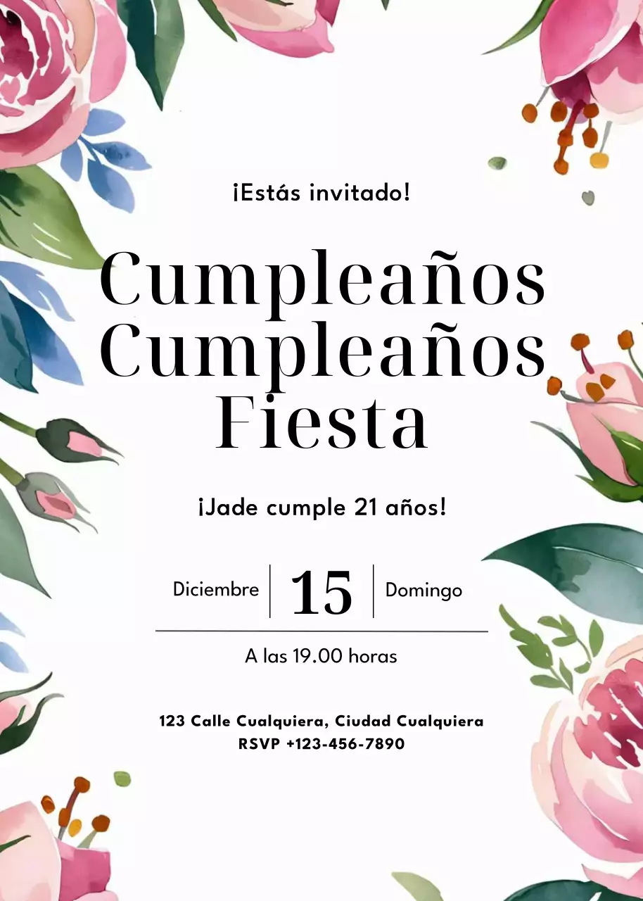 Invitación de cumpleaños floral rosa verde azul
