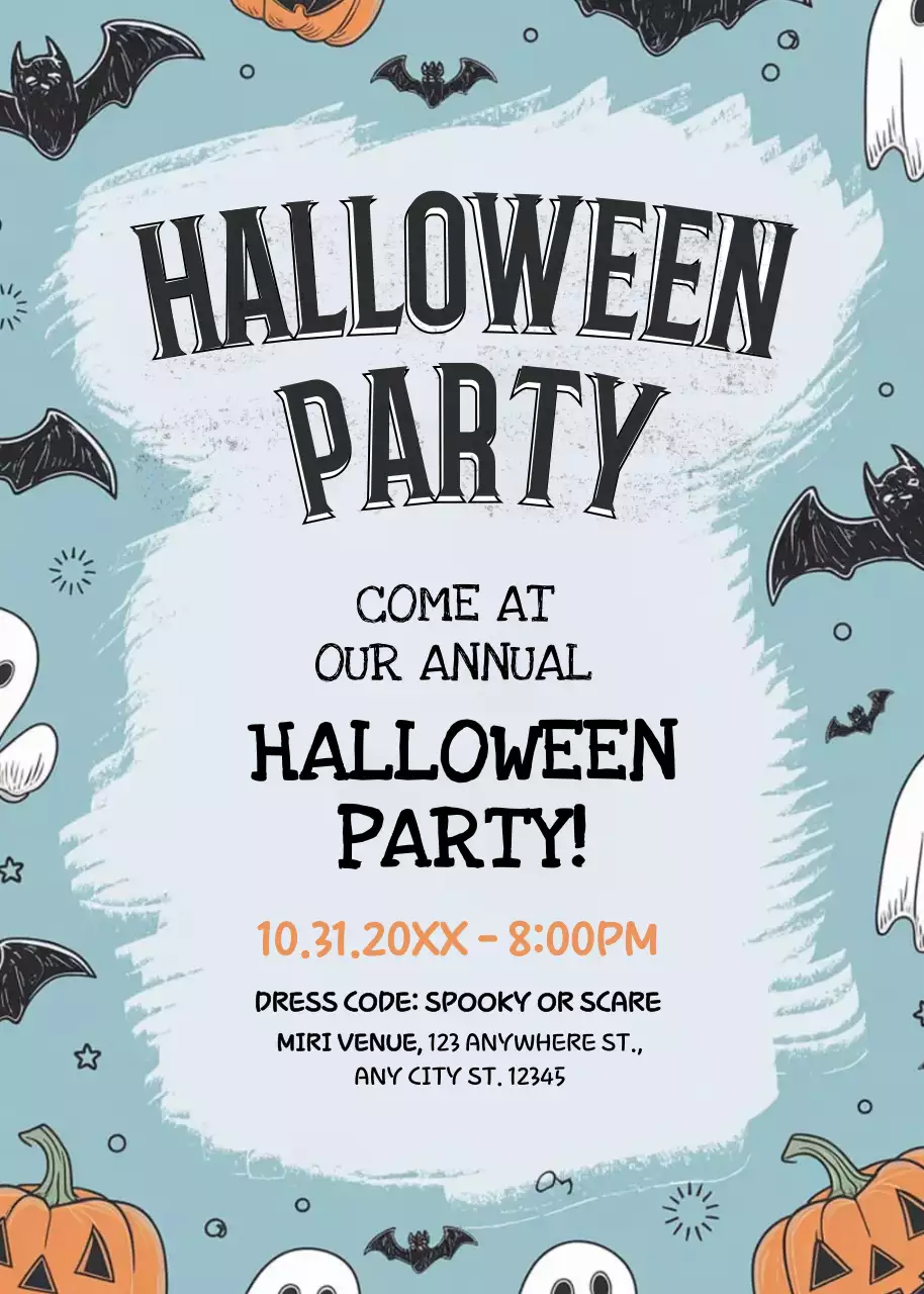 Blue black orange Halloween party invitation