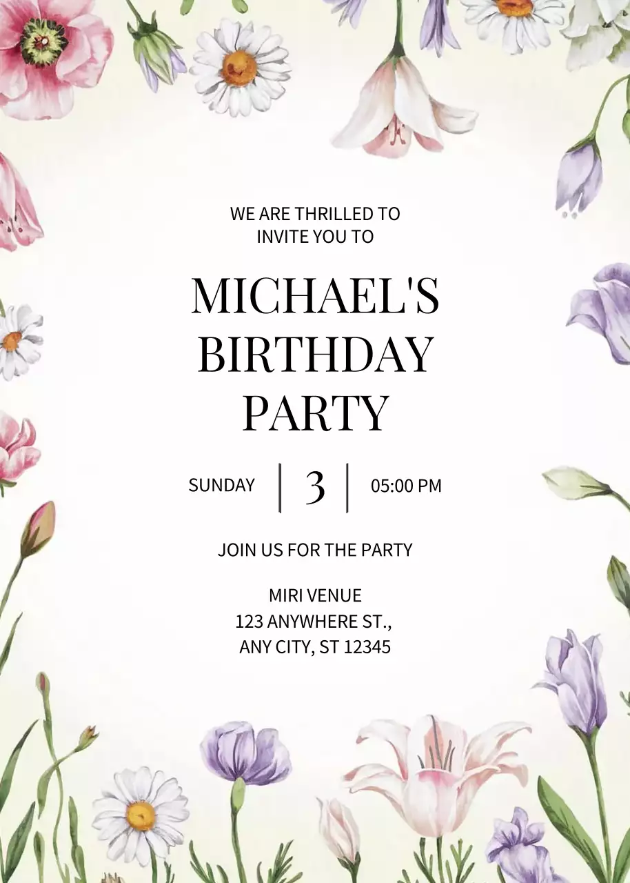 White Floral Birthday Invitation