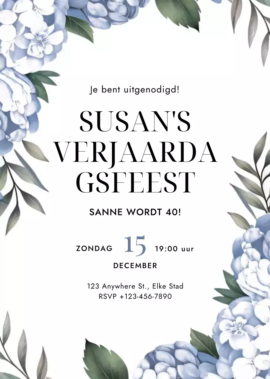 Blauwgroene bloemen verjaardagsuitnodiging elegante stijl