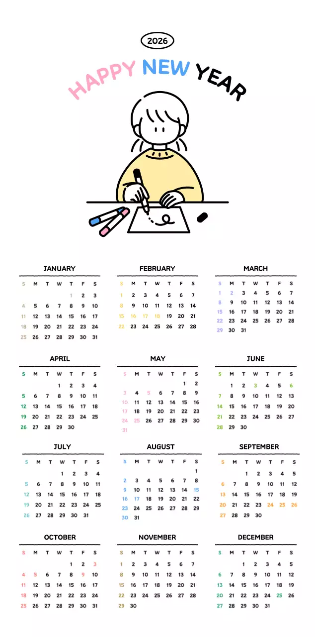 아기자기한 선 스타일의 일러스트 달력 캘린더