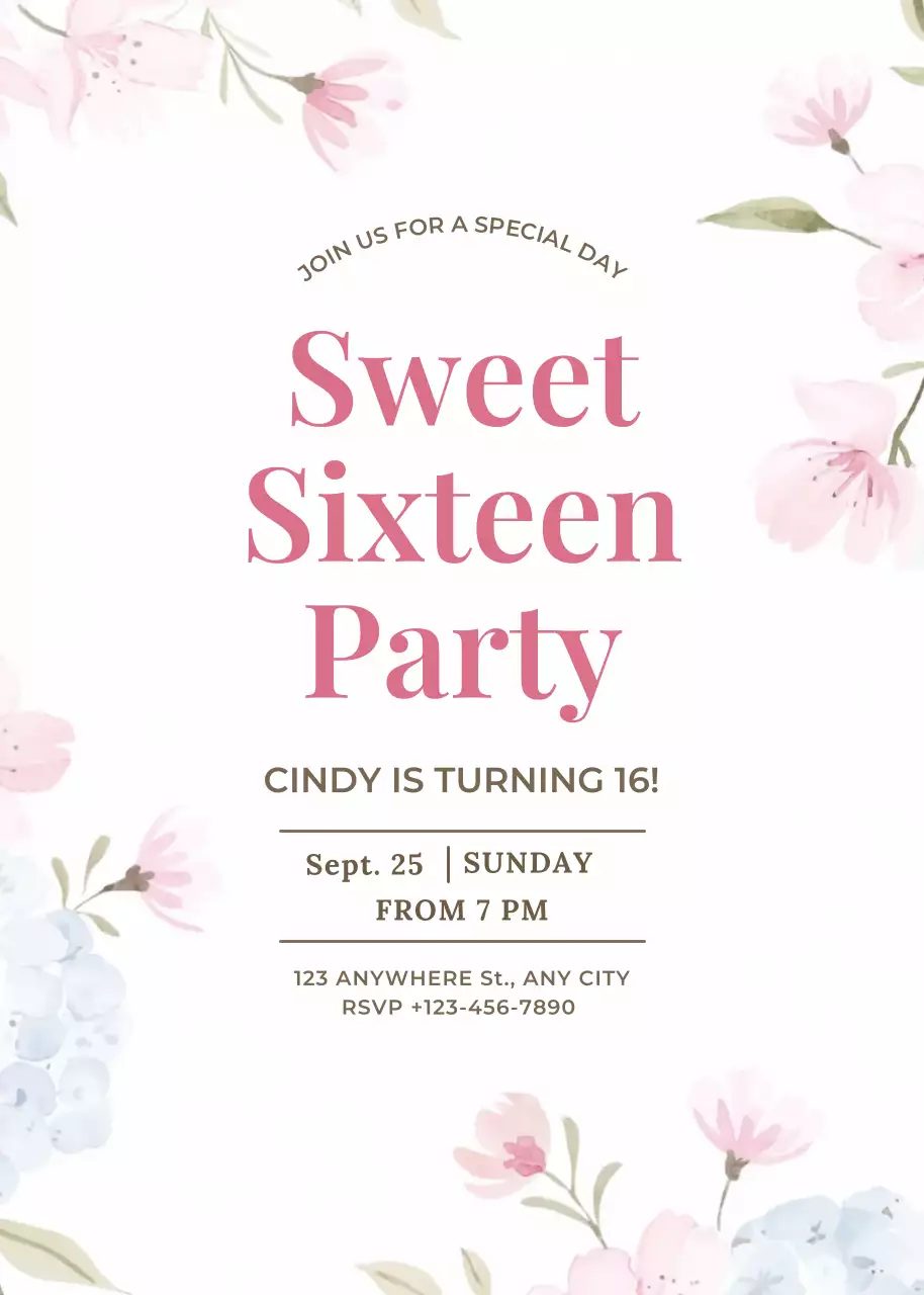 Undangan pesta bunga merah muda biru bergaya elegan