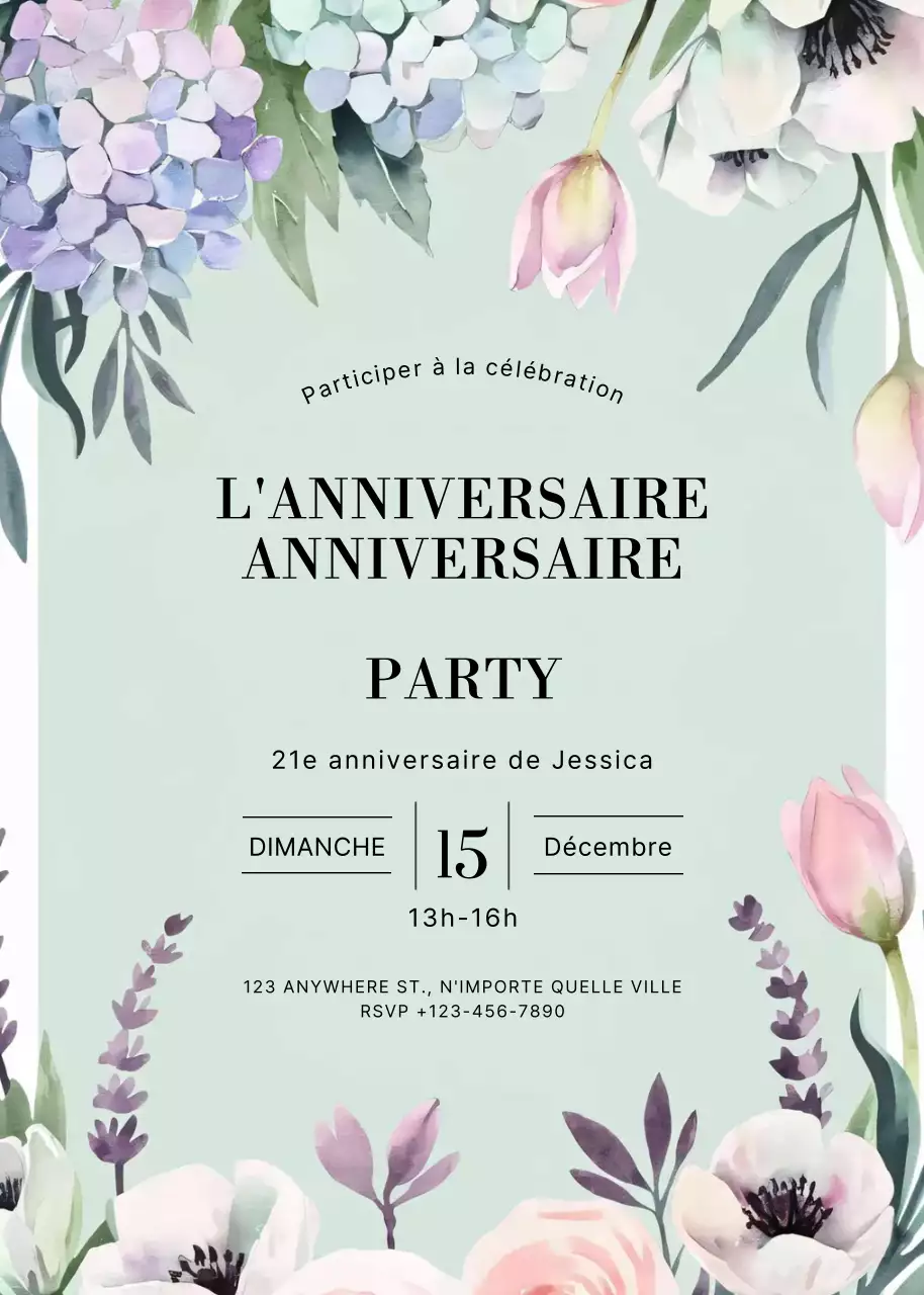 invitation d'anniversaire fleurie menthe