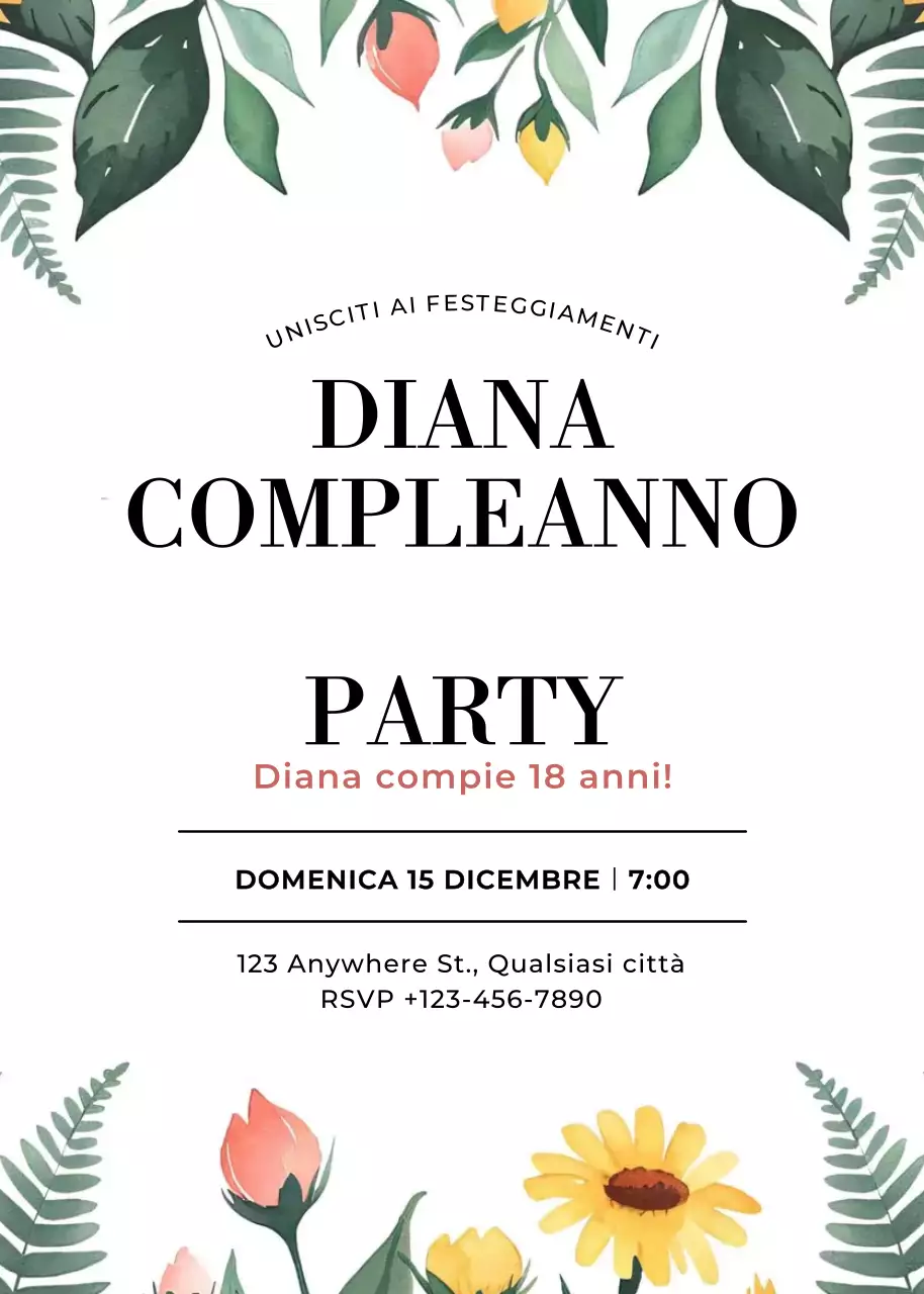 Invito di compleanno floreale giallo rosa verde