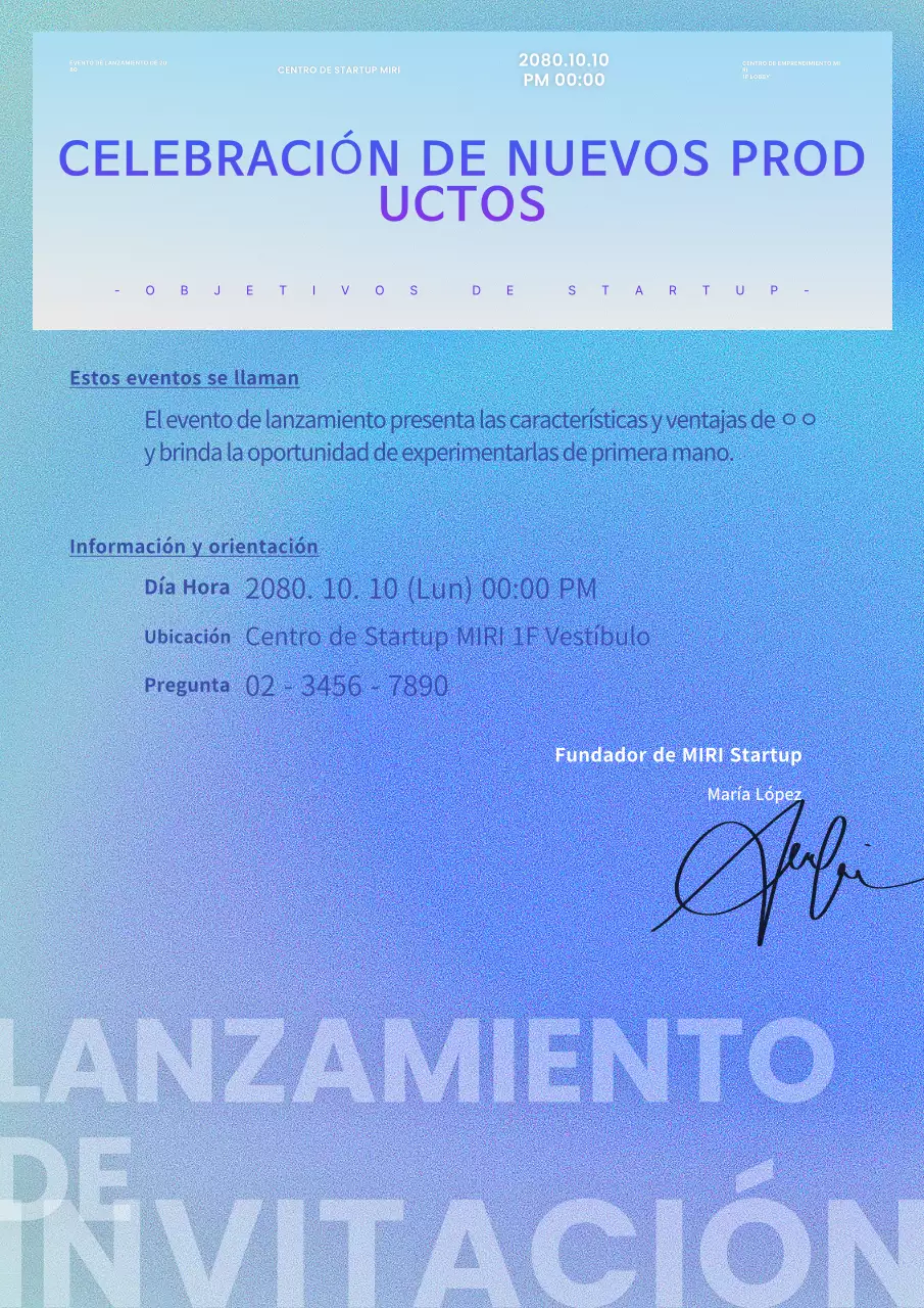 Moderna invitación a un evento sobre nuevos productos en azul