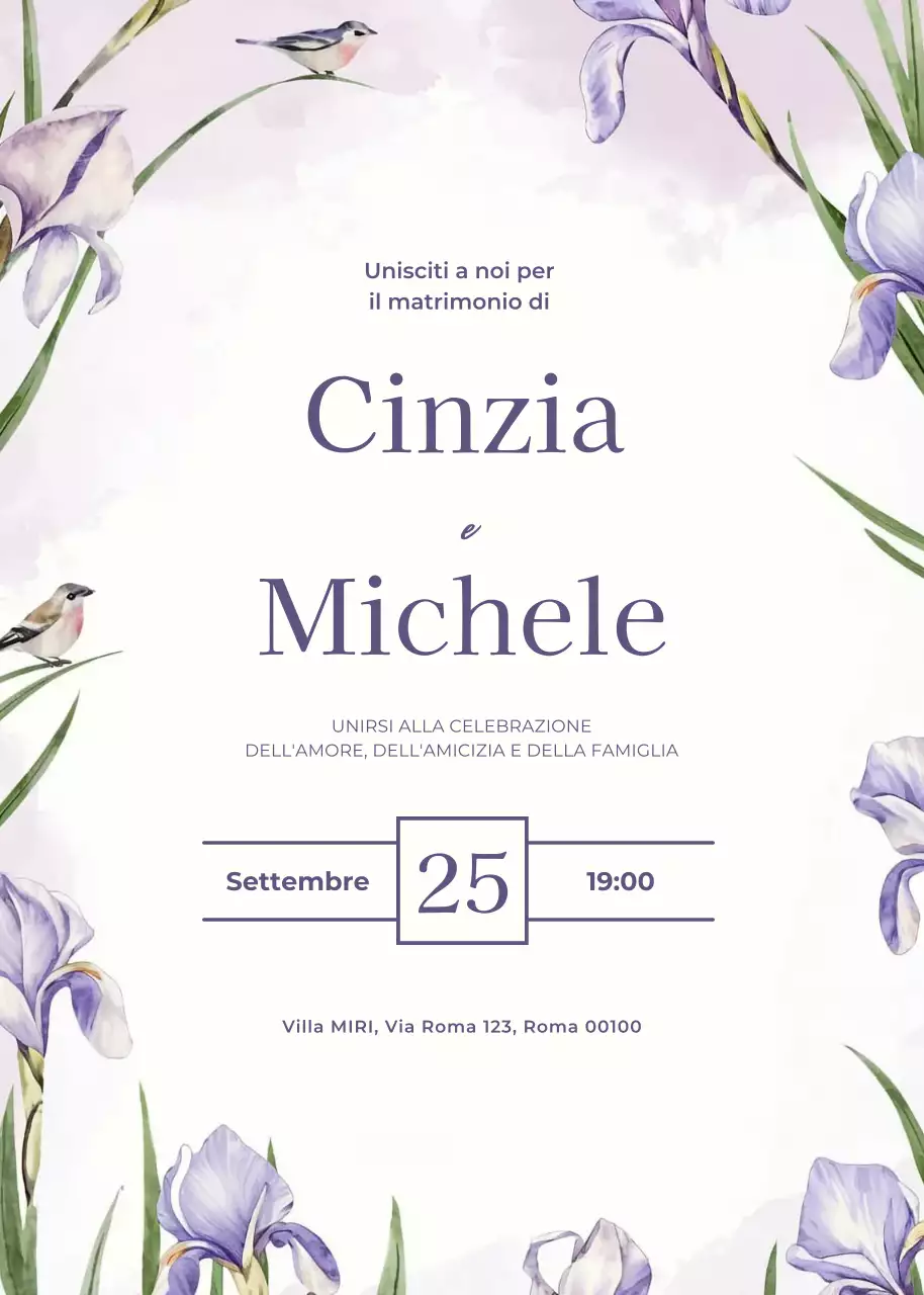 Invito di nozze viola in stile elegante