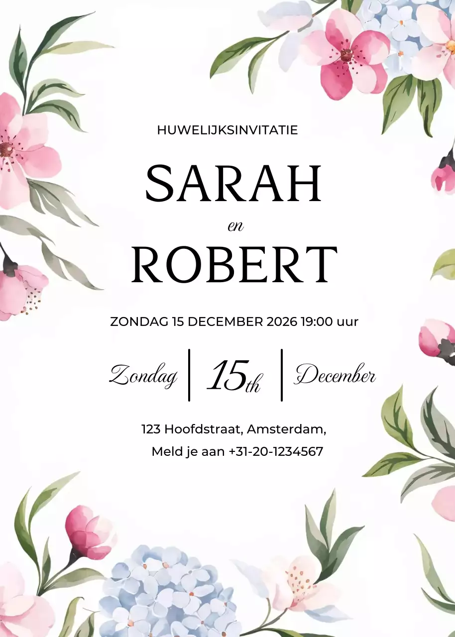 Roze blauw groene bloemen bruiloft uitnodiging