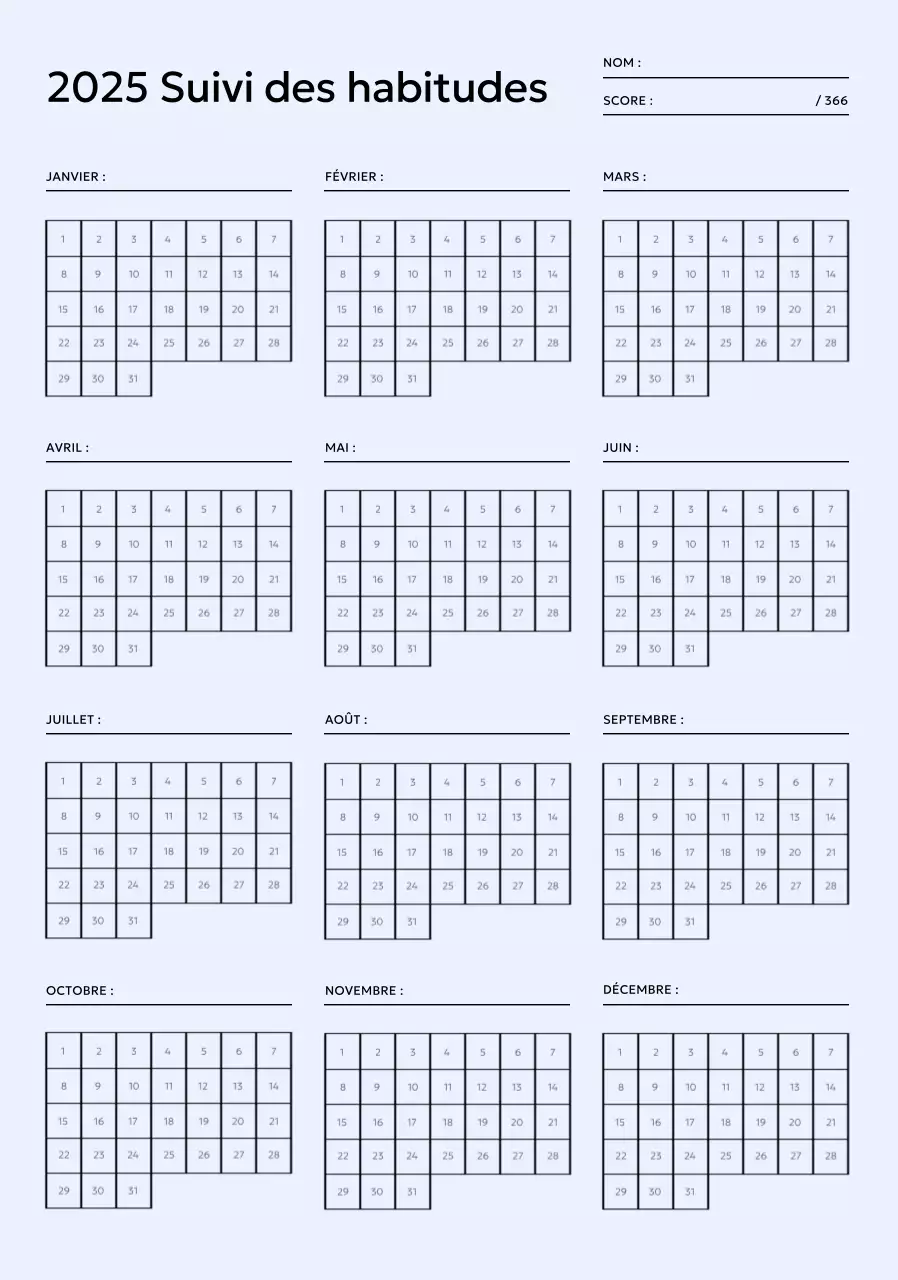 Calendrier minimaliste de suivi des objectifs sur fond violet pastel