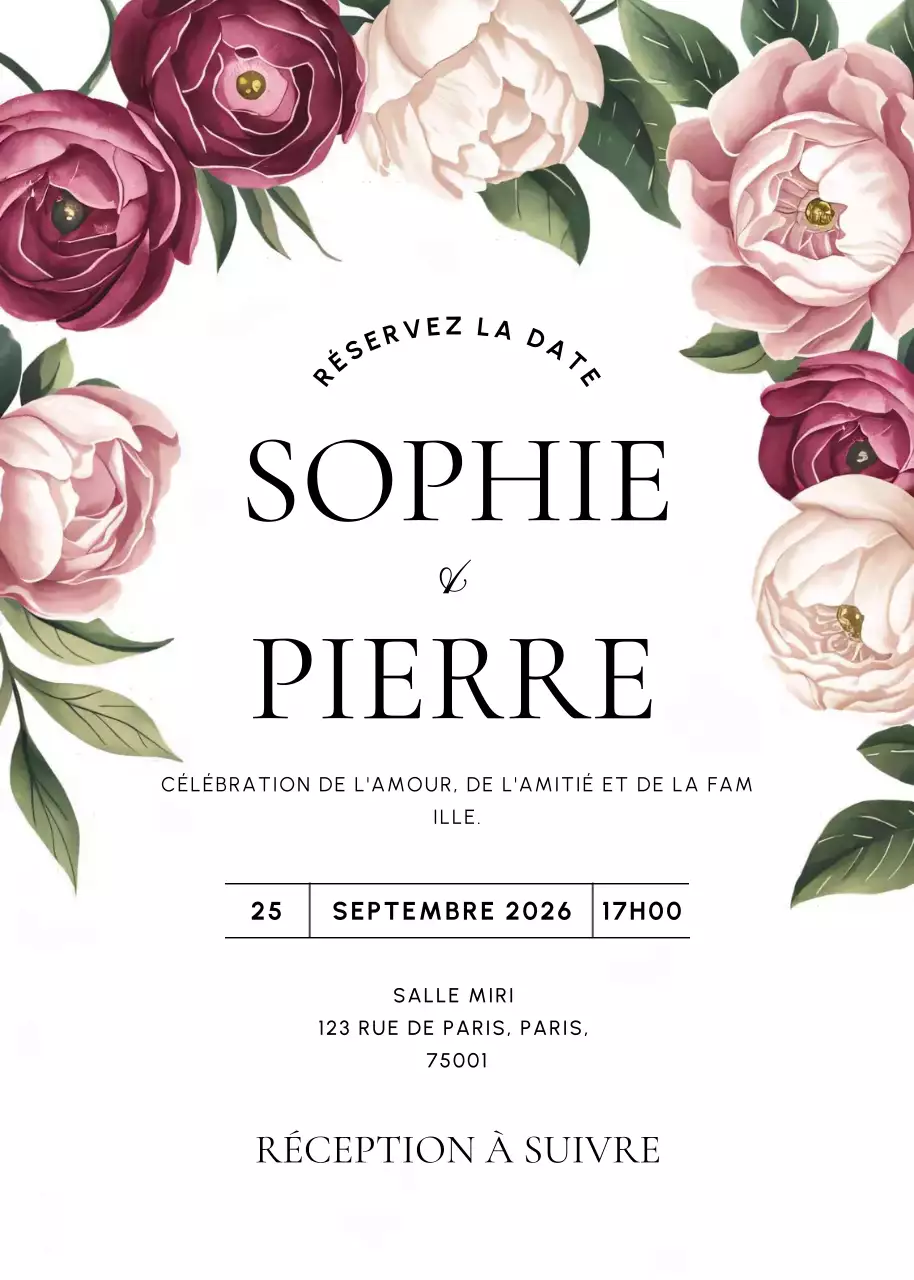 Invitation de mariage rose rouge vert floral style élégant