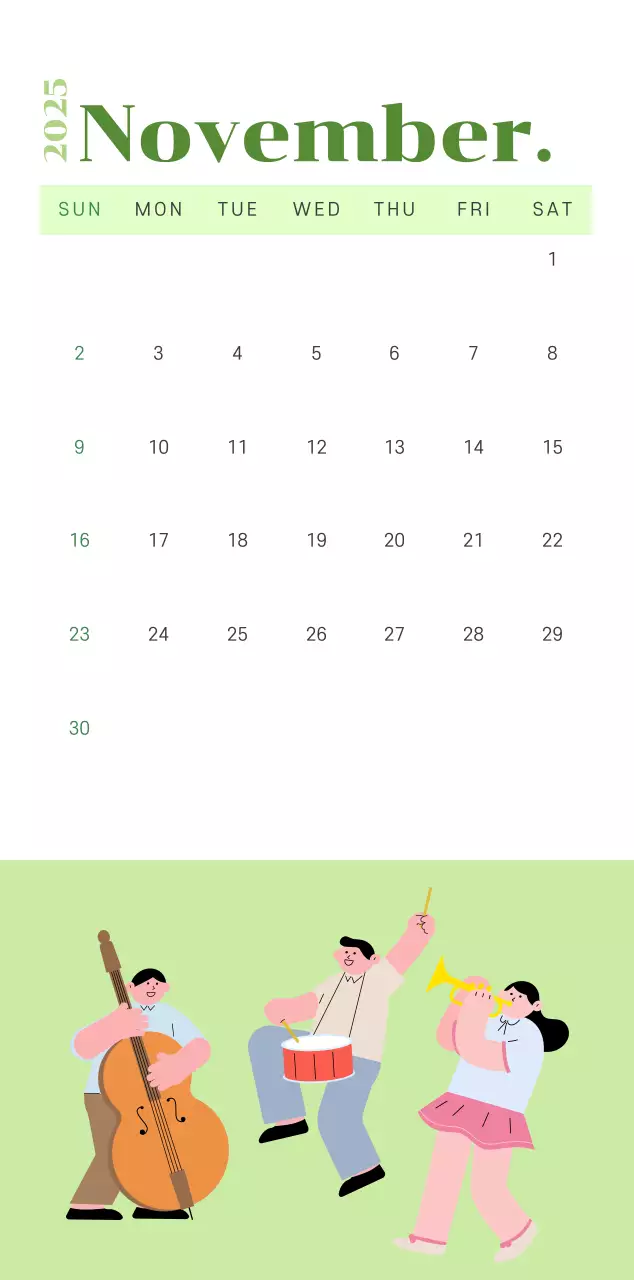 옐로우 그린 배경에 청소년 일러스트가 담긴 달력