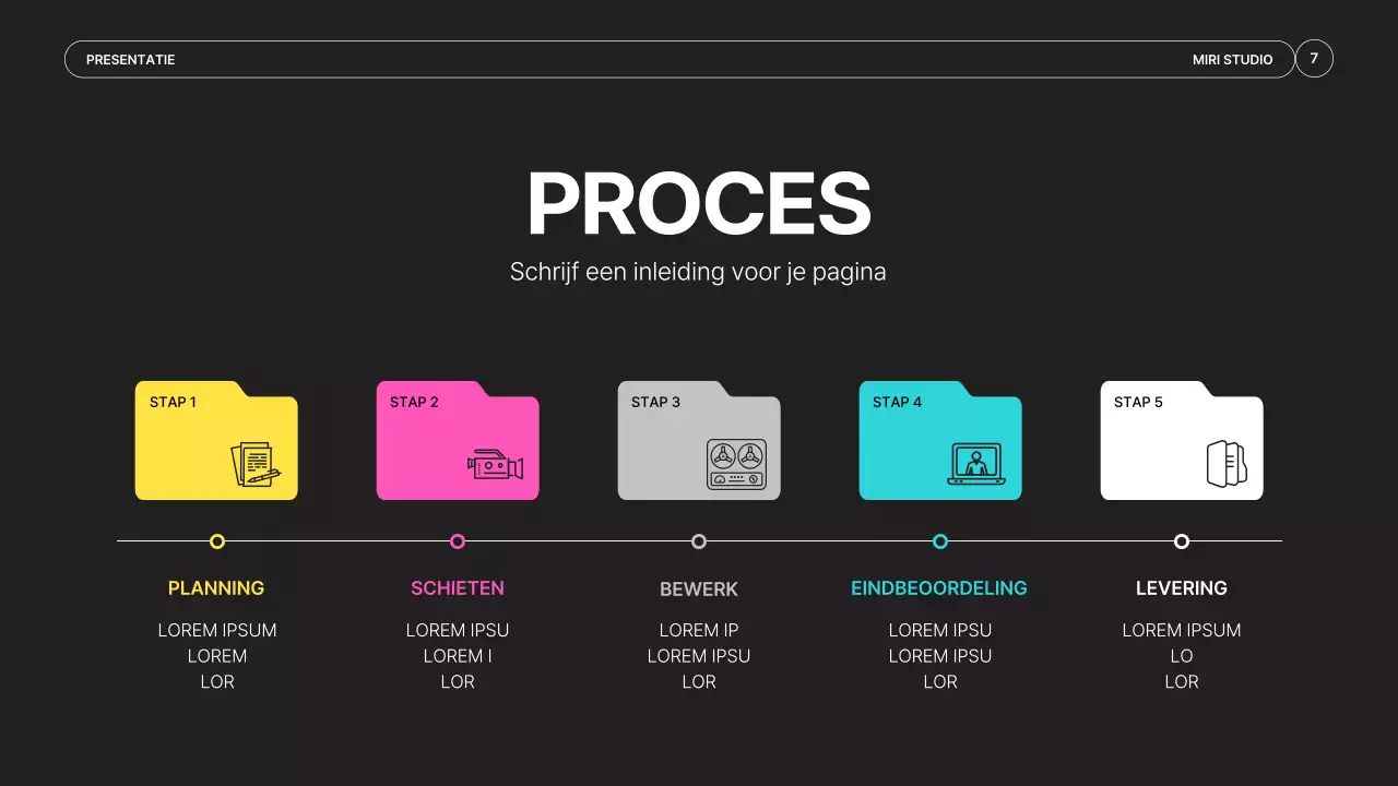 Een eenvoudige prospectus voor een videoproductiebedrijf in zwart en neonkleuren