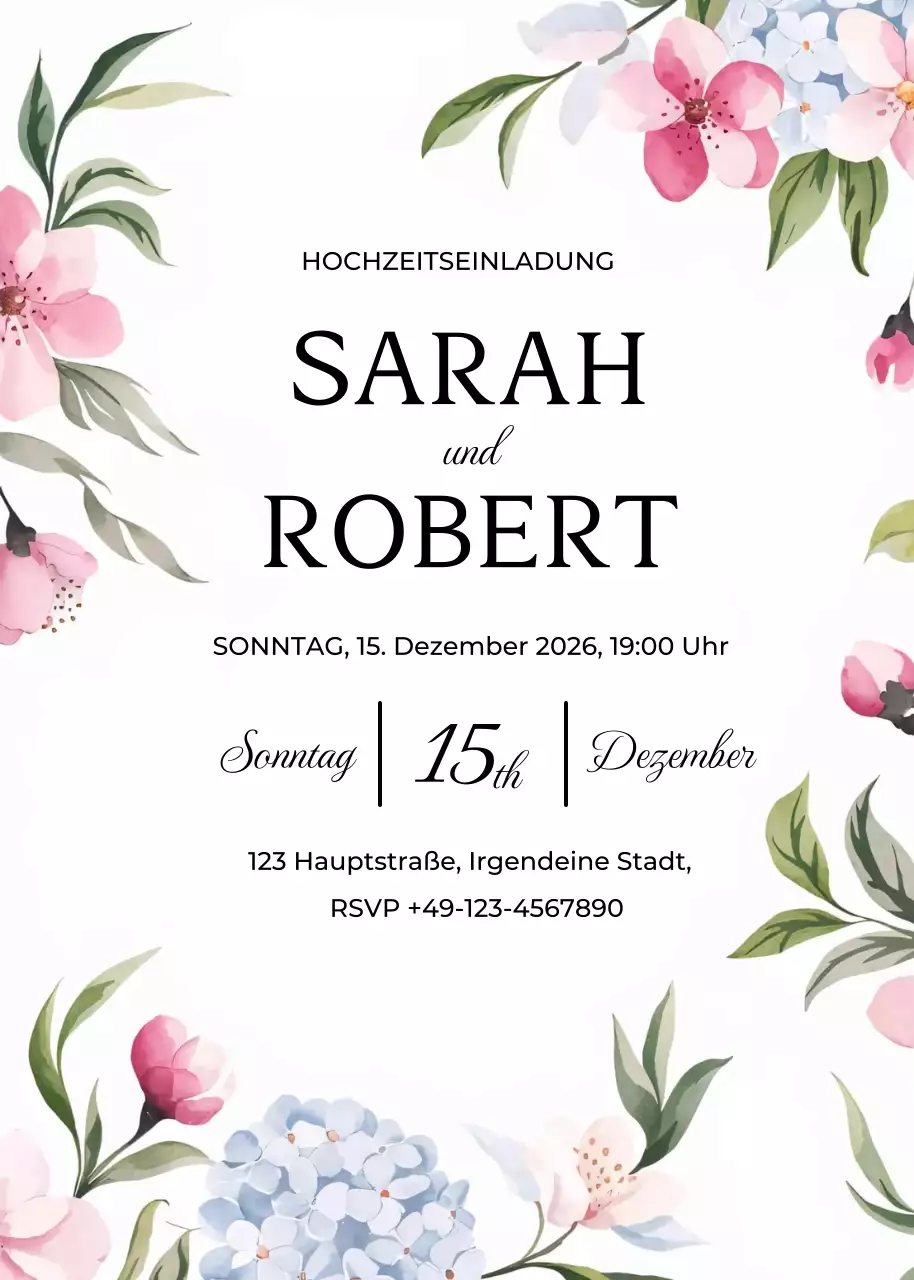 Rosa blau grün blumige Hochzeitseinladung