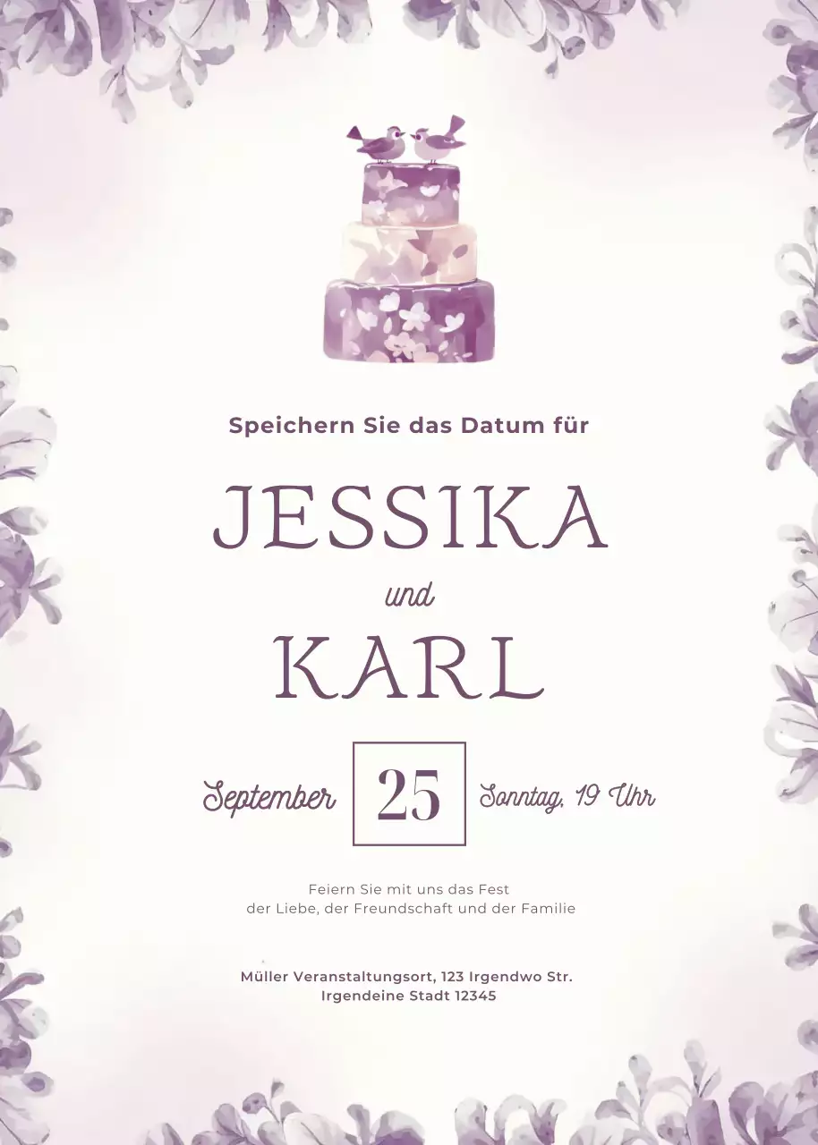 Lila Hochzeitseinladung im eleganten Stil