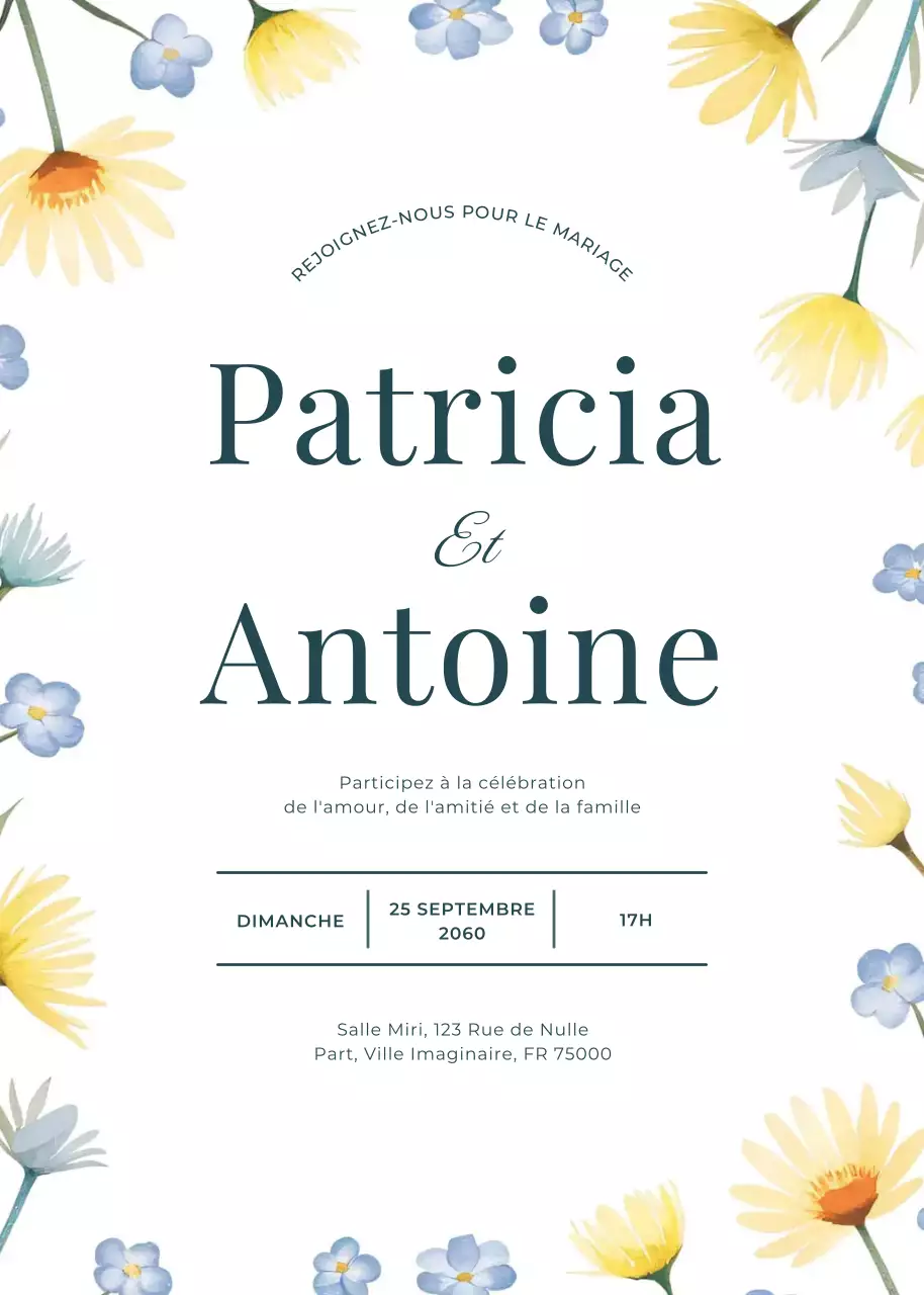 Invitation de mariage bleu jaune floral style élégant