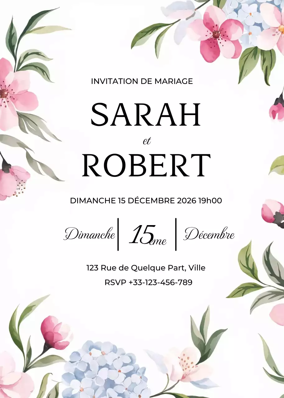Invitation de mariage rose bleu vert floral