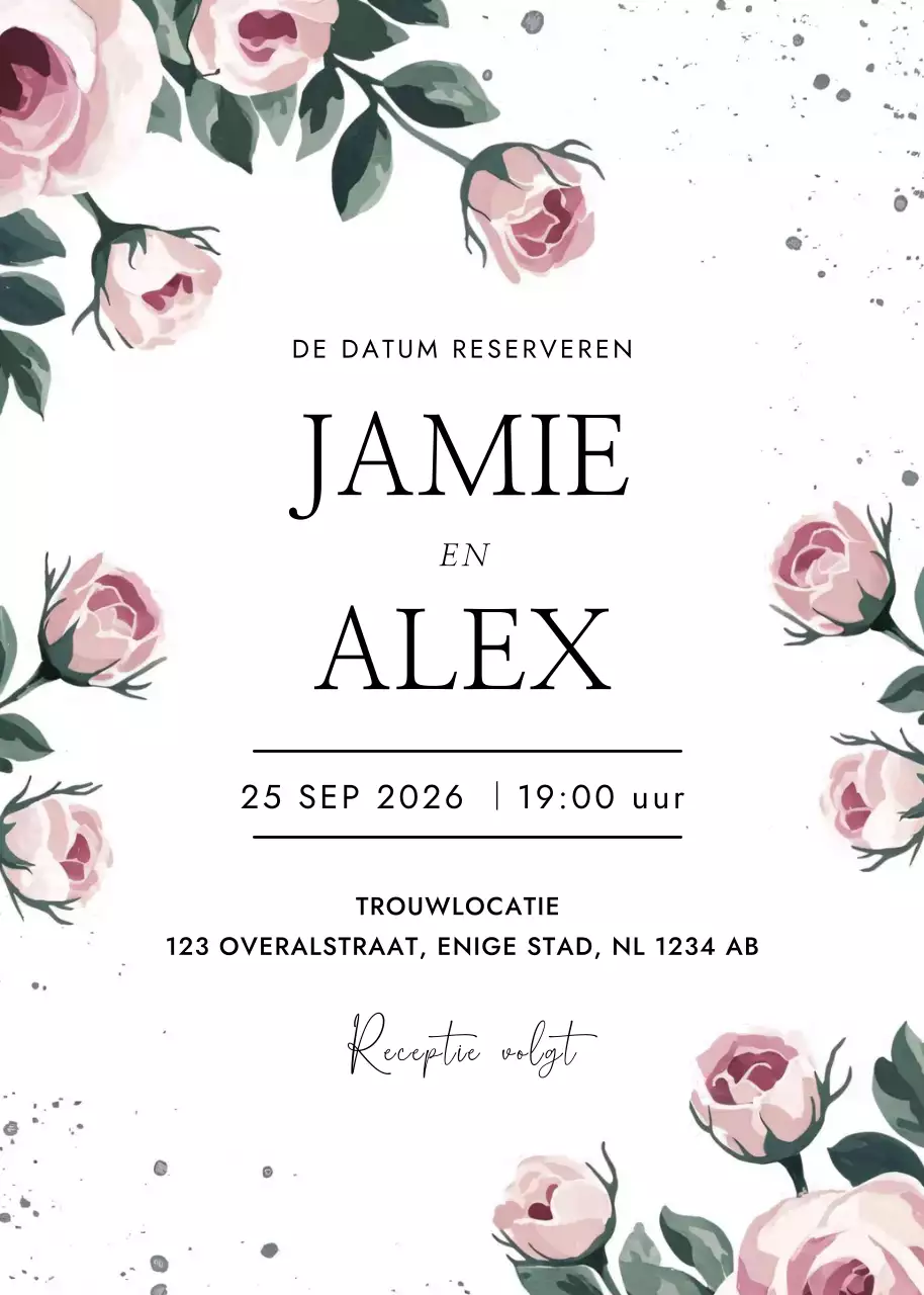 uitnodiging voor bruiloft met witte en roze bloemen