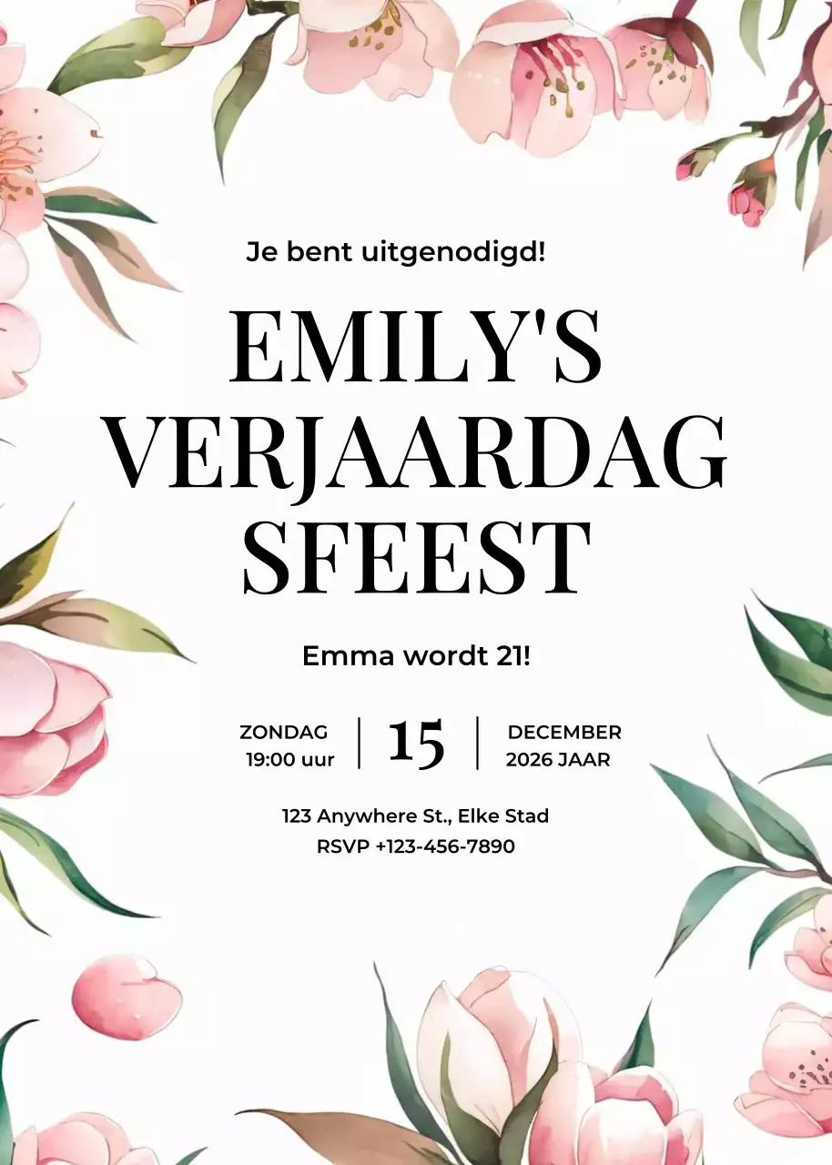 Roze groen bruin gebloemde verjaardagsuitnodiging