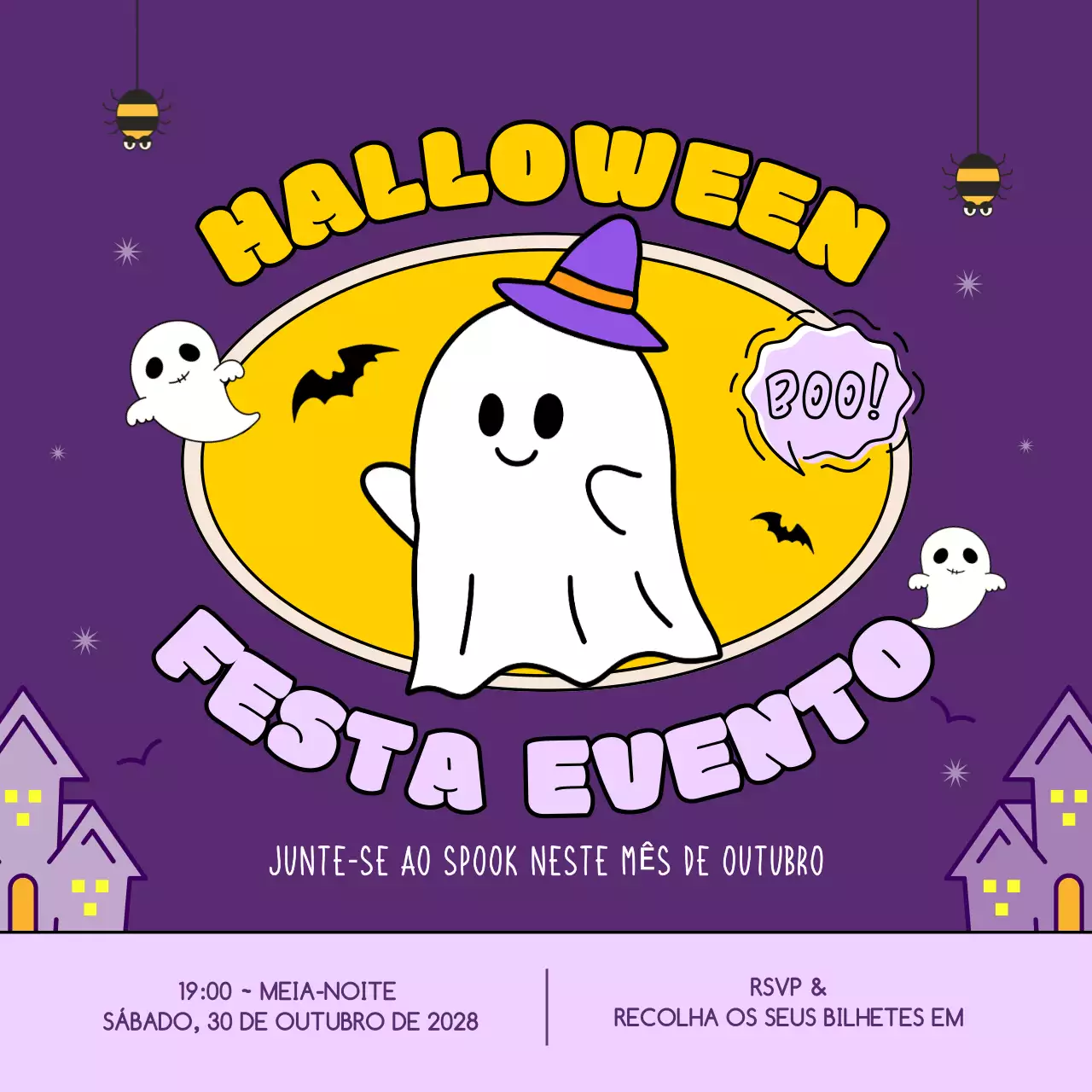 convite de Halloween roxo e moderno