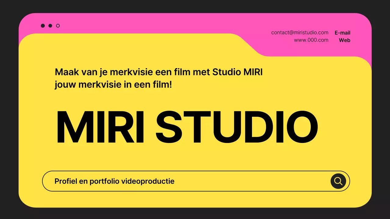 Een eenvoudige prospectus voor een videoproductiebedrijf in zwart en neonkleuren