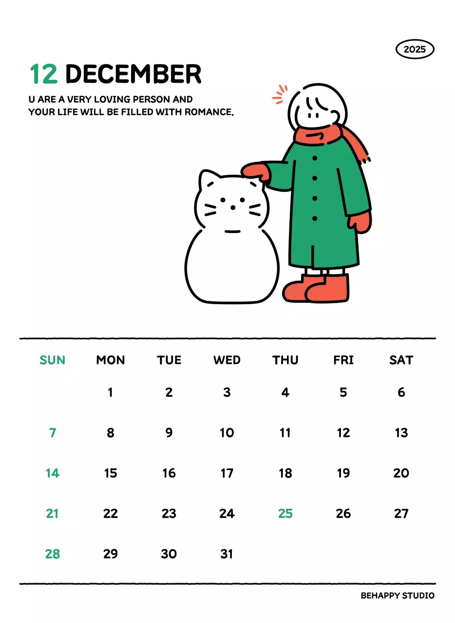 아기자기한 선 스타일의 일러스트 달력 캘린더