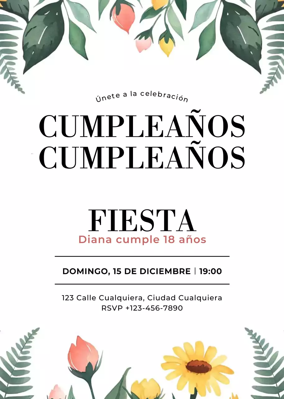 Invitación de cumpleaños floral amarillo rosa verde