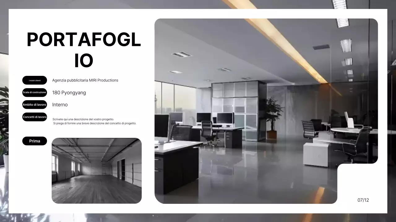 Un brief di marca per un interno di ufficio moderno in bianco e nero