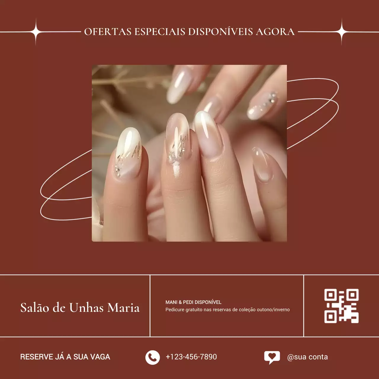 Promoção de salão de beleza de unhas estéticas castanhas elegantes para manicura e pedicura