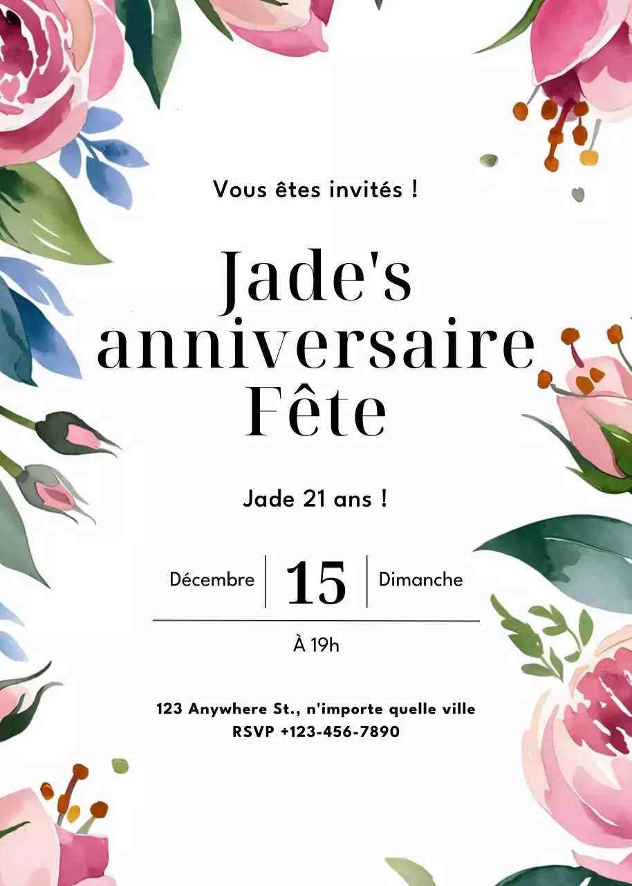 Invitation d'anniversaire rose vert bleu floral