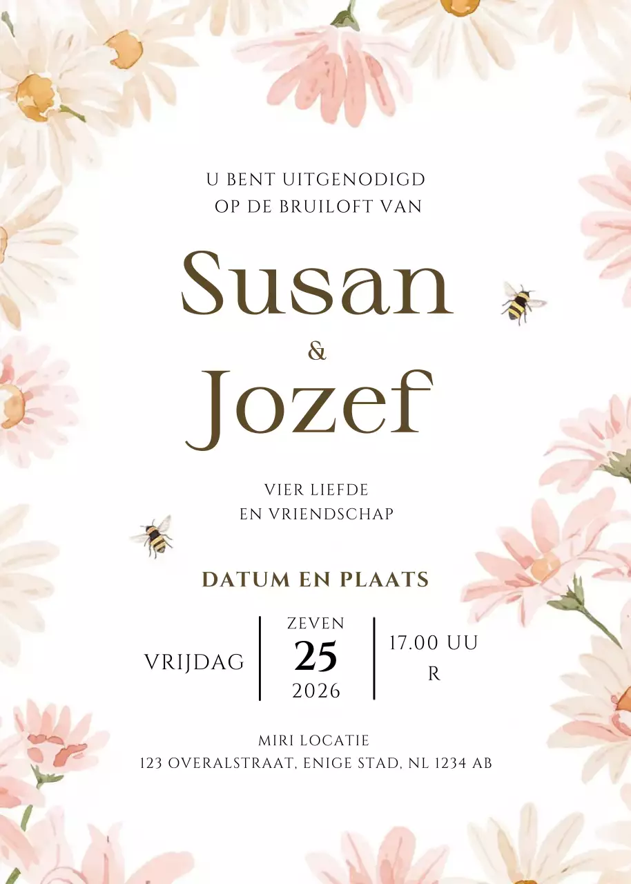 beige bloemen huwelijksuitnodiging