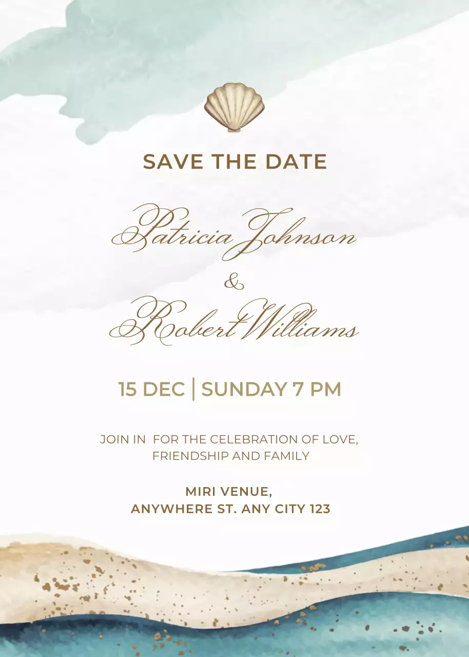 Beige blue gold wedding invitation elegant style