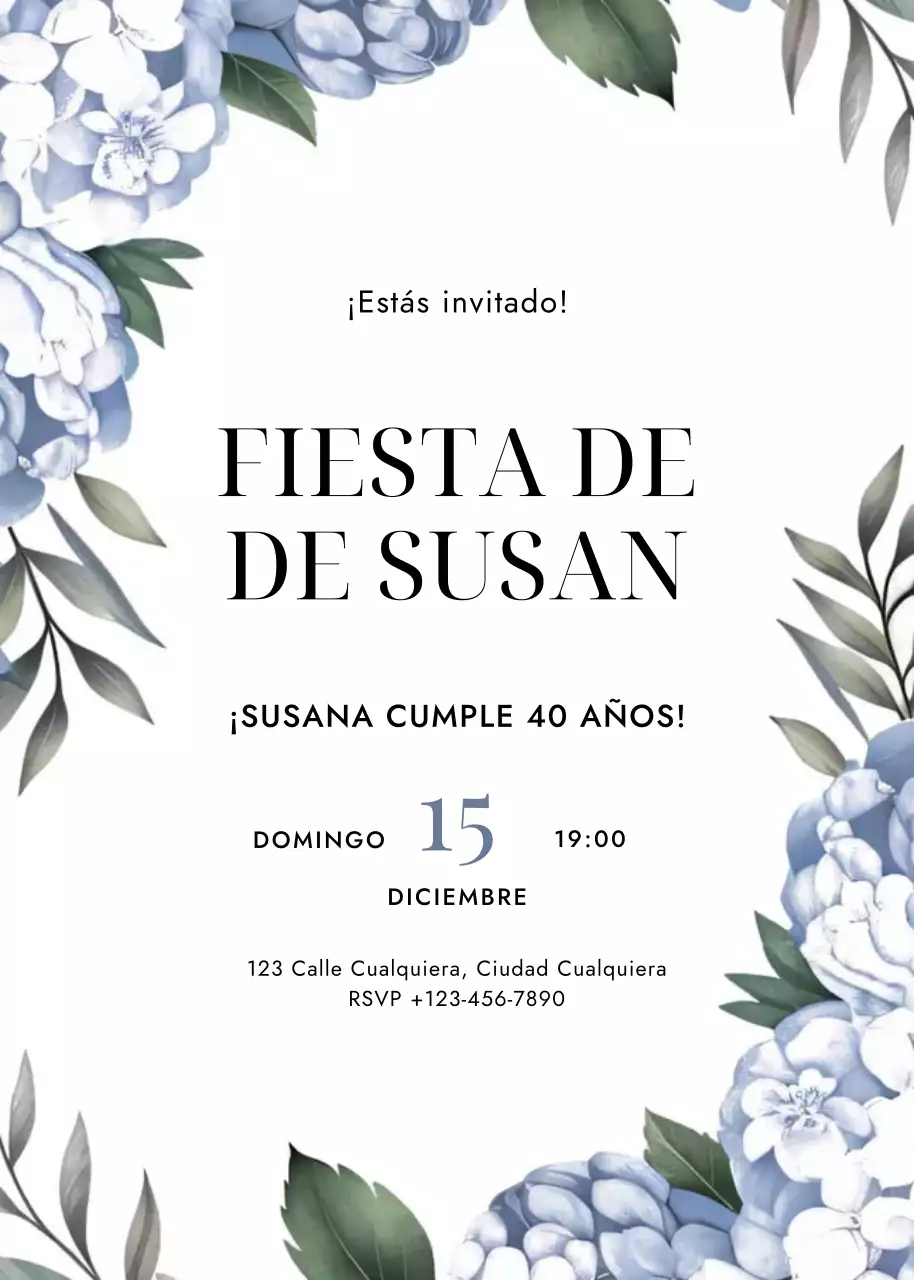 Invitación de cumpleaños floral azul verde estilo elegante