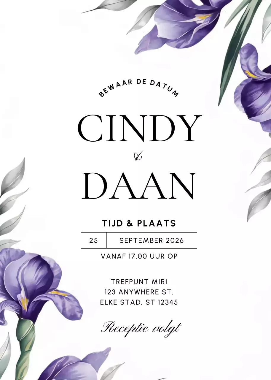 uitnodiging paarse elegante bruiloft