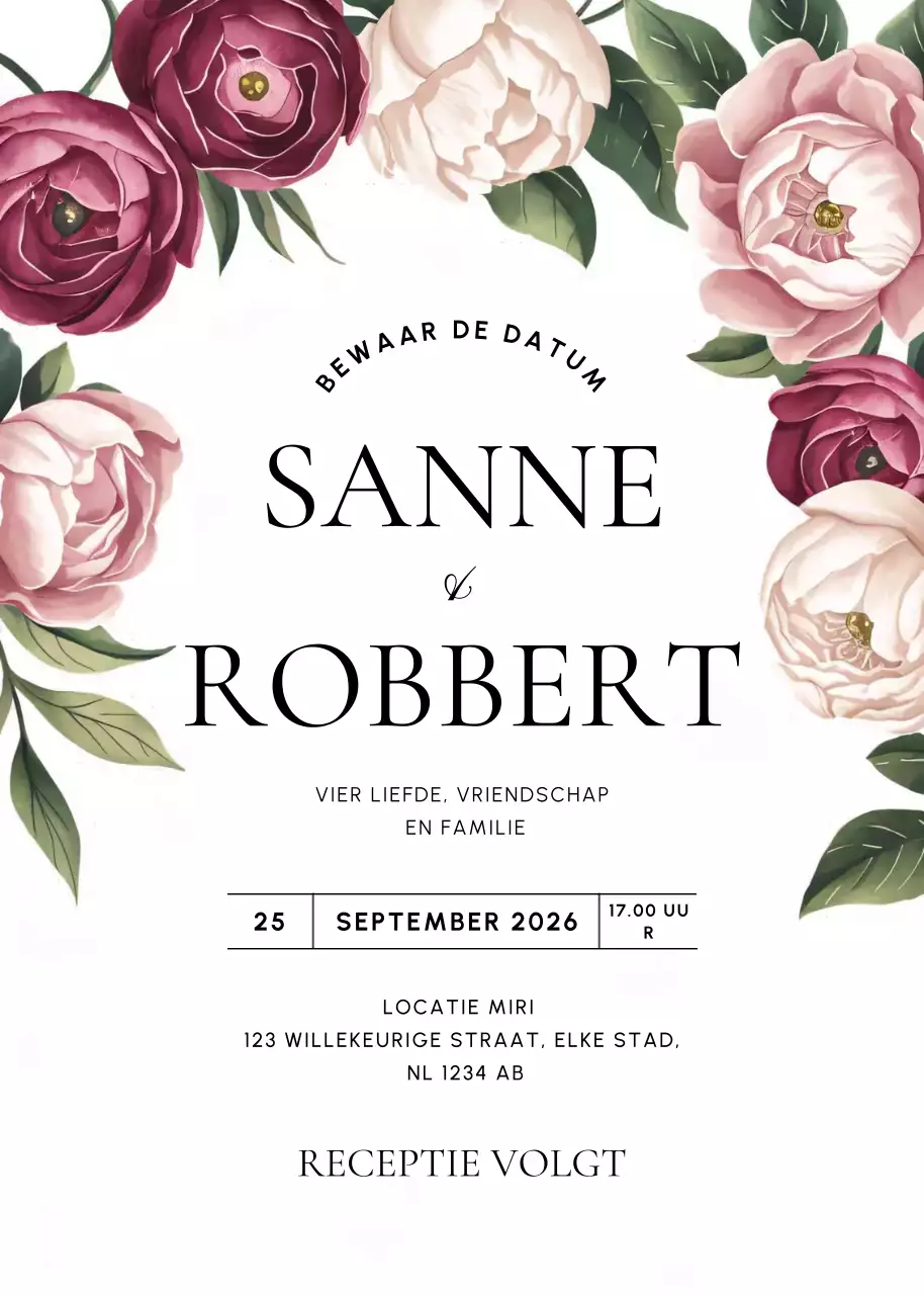 Roze rood groene bloemen bruiloft uitnodiging elegante stijl