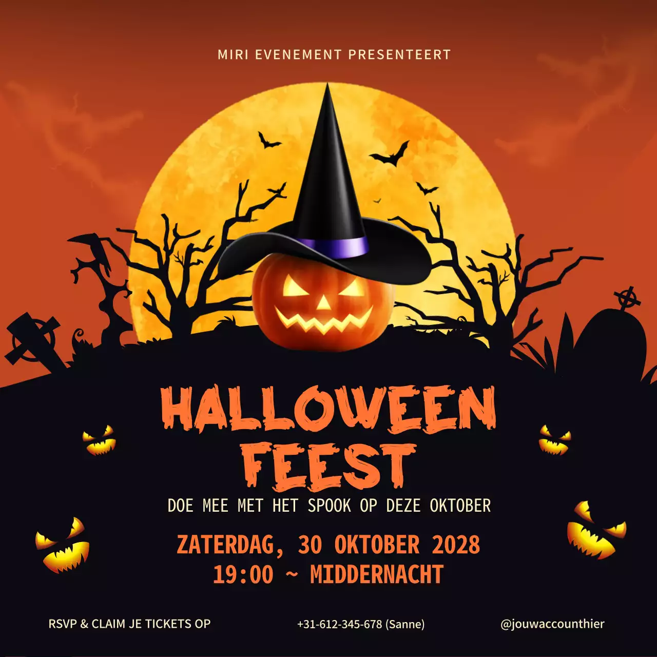 Oranje en Zwart Illustratief Horror Halloween Feest Instagram Square Post