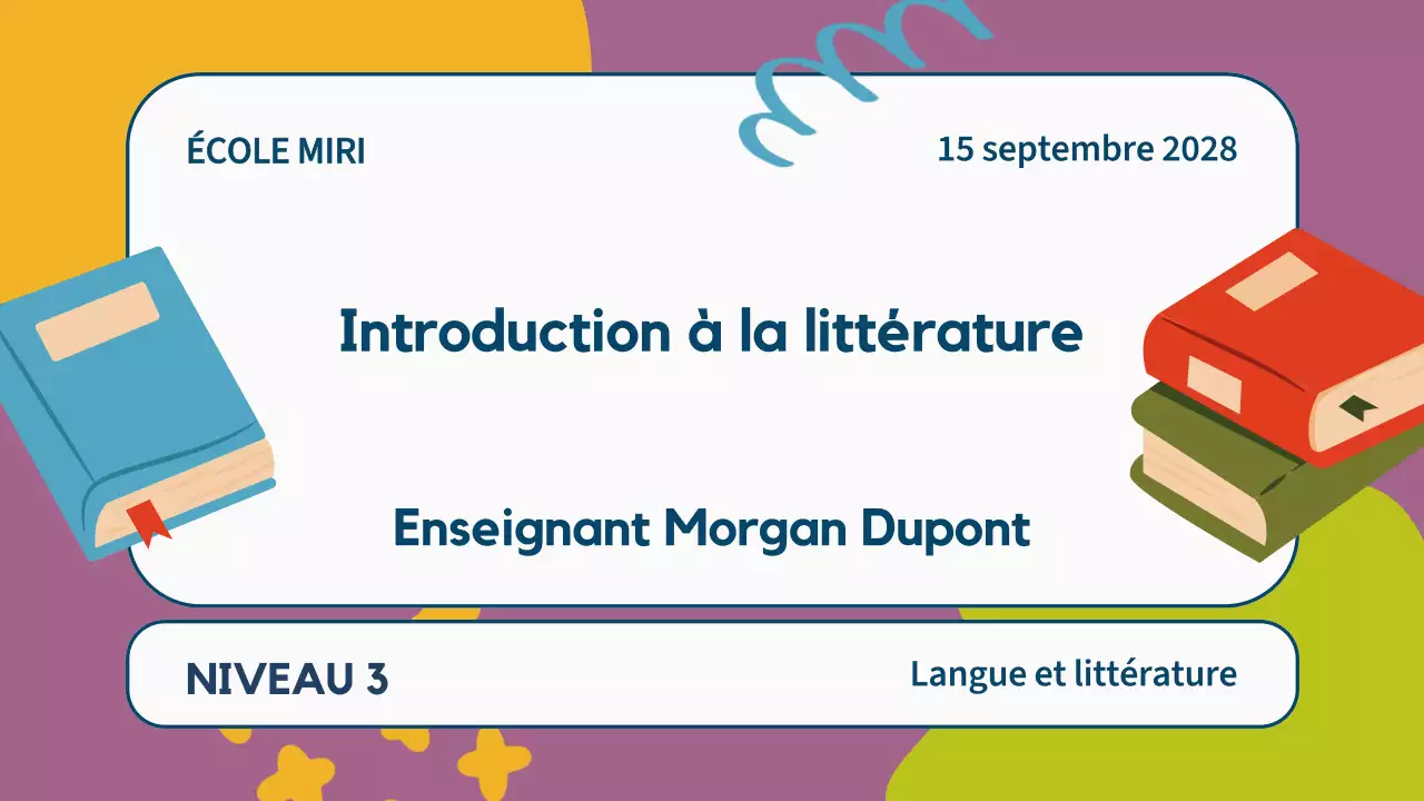 Illustration colorée Littérature Matériel de classe Présentation