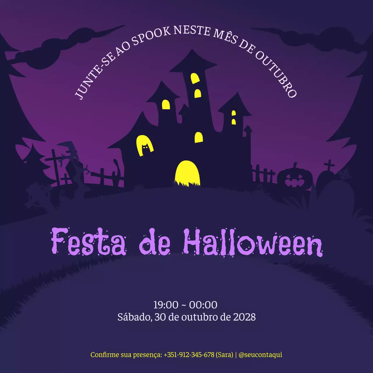 convite gótico roxo de Halloween