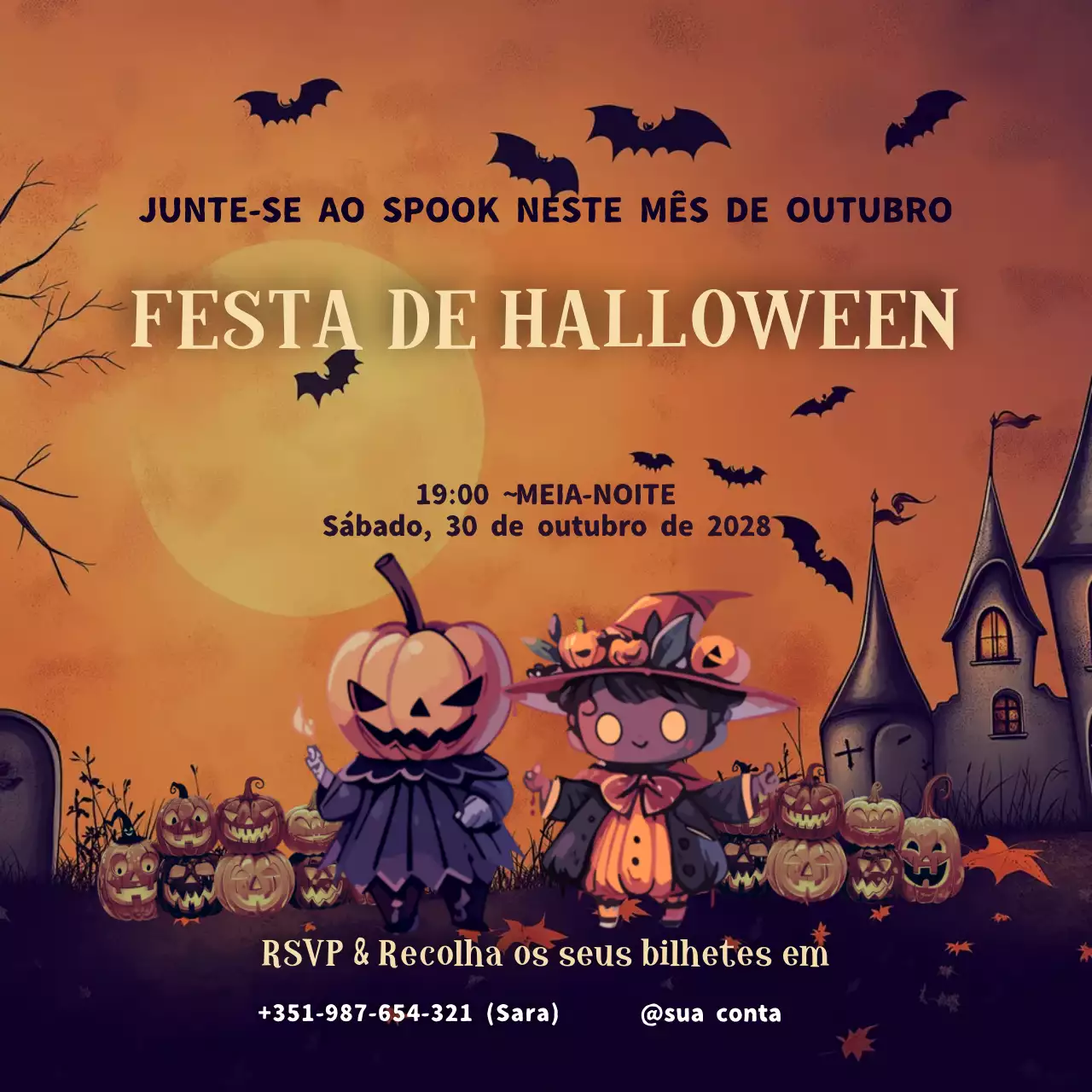 Ilustração laranja Festa do Dia das Bruxas Promoção de eventos Postagem nas redes sociais