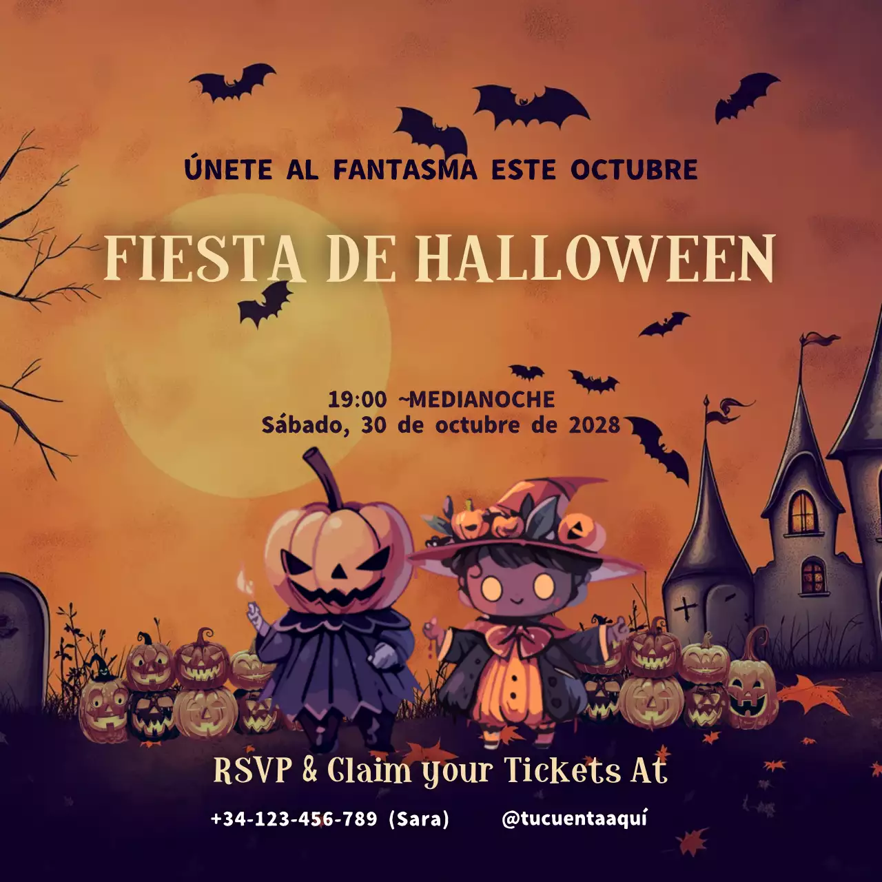 Ilustración naranja Fiesta de Halloween Promoción de eventos Publicación en redes sociales